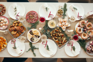 A delicious spread of holiday food on a decorated table